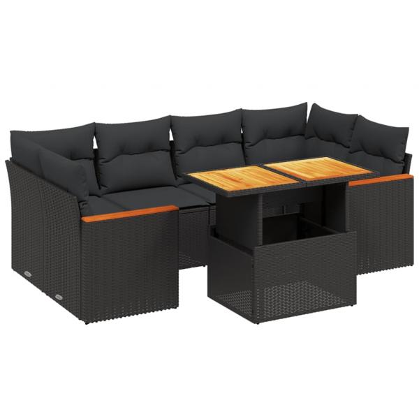 7-tlg. Garten-Sofagarnitur mit Kissen Schwarz Poly Rattan