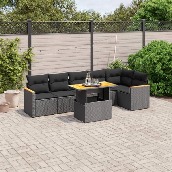 ARDEBO.de - 7-tlg. Garten-Sofagarnitur mit Kissen Schwarz Poly Rattan