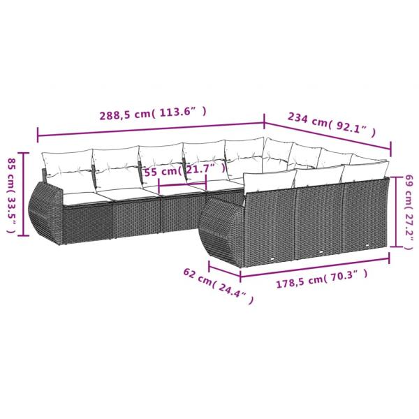 10-tlg. Garten-Sofagarnitur mit Kissen Grau Poly Rattan