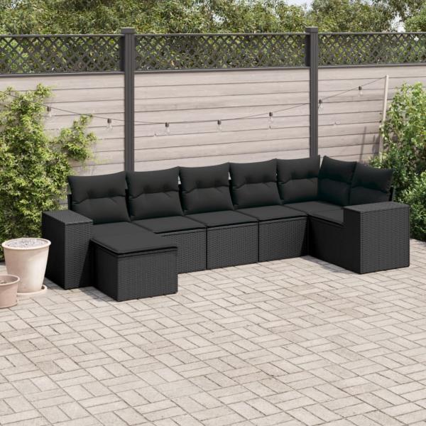 ARDEBO.de - 7-tlg. Garten-Sofagarnitur mit Kissen Schwarz Poly Rattan