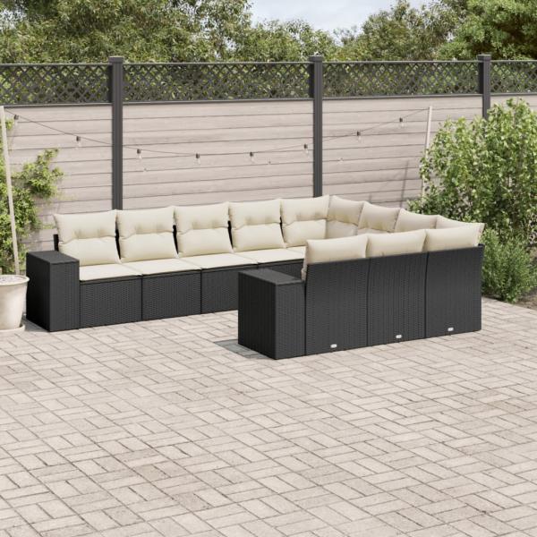 ARDEBO.de - 10-tlg. Garten-Sofagarnitur mit Kissen Schwarz Poly Rattan