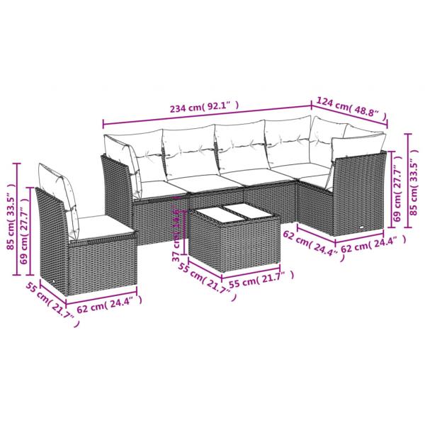 7-tlg. Garten-Sofagarnitur mit Kissen Grau Poly Rattan