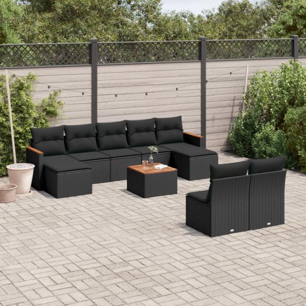 ARDEBO.de - 10-tlg. Garten-Sofagarnitur mit Kissen Schwarz Poly Rattan