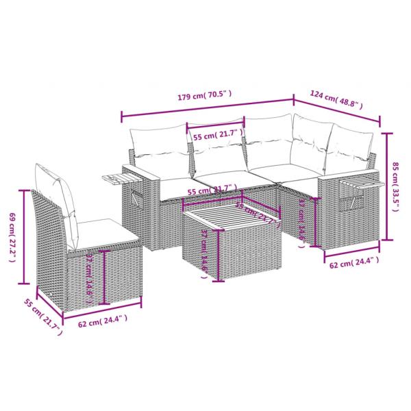 6-tlg. Garten-Sofagarnitur mit Kissen Grau Poly Rattan