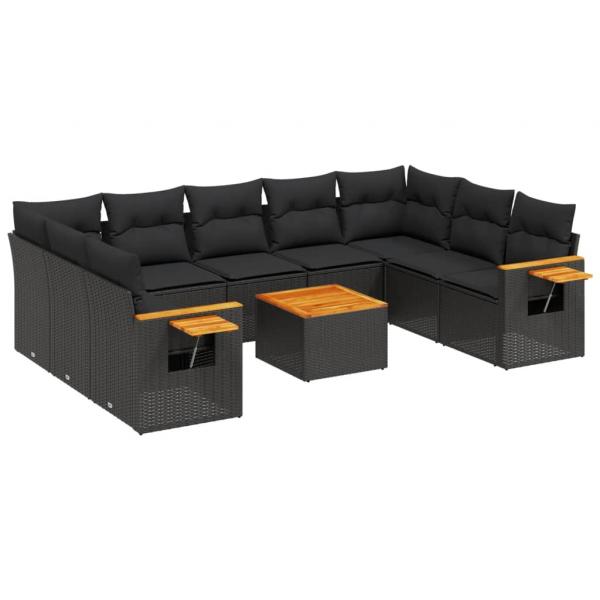 10-tlg. Garten-Sofagarnitur mit Kissen Schwarz Poly Rattan