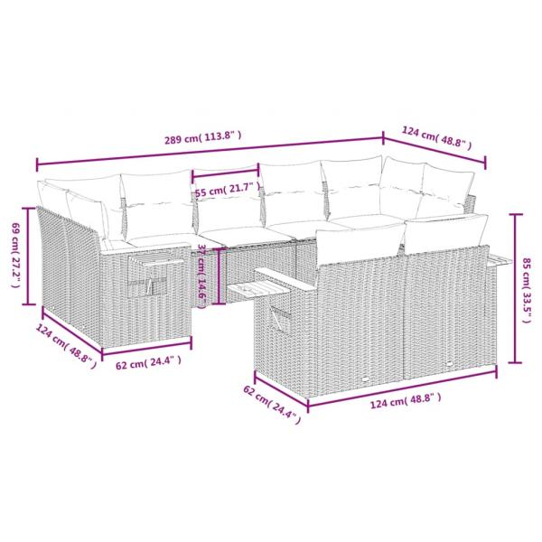 9-tlg. Garten-Sofagarnitur mit Kissen Schwarz Poly Rattan