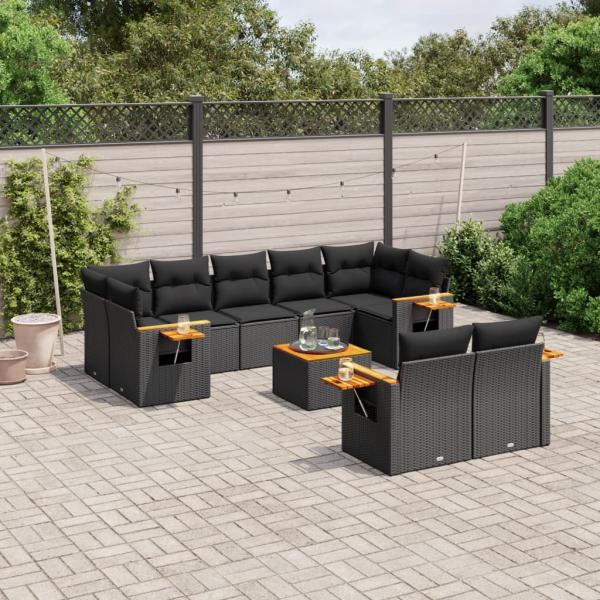 ARDEBO.de - 10-tlg. Garten-Sofagarnitur mit Kissen Schwarz Poly Rattan