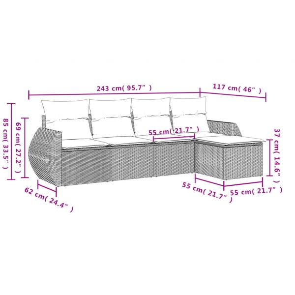 5-tlg. Garten-Sofagarnitur mit Kissen Grau Poly Rattan