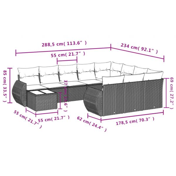 11-tlg. Garten-Sofagarnitur mit Kissen Schwarz Poly Rattan