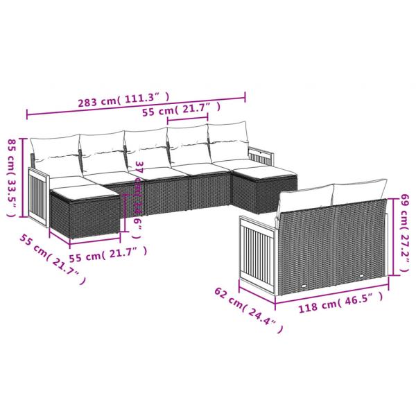 9-tlg. Garten-Sofagarnitur mit Kissen Grau Poly Rattan