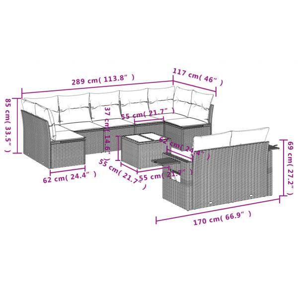 10-tlg. Garten-Sofagarnitur mit Kissen Beige Poly Rattan