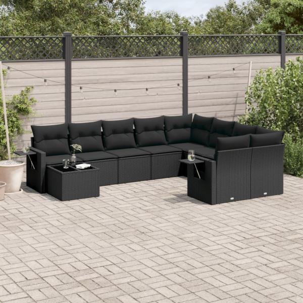 ARDEBO.de - 10-tlg. Garten-Sofagarnitur mit Kissen Schwarz Poly Rattan