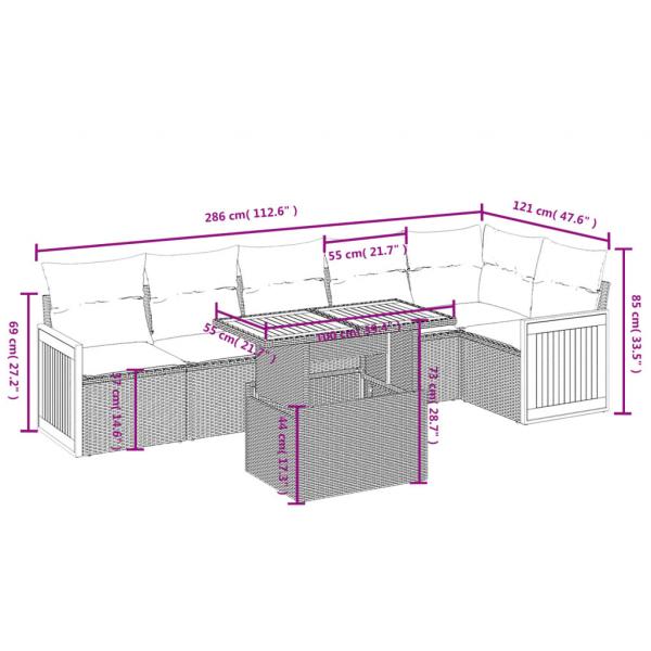 7-tlg. Garten-Sofagarnitur mit Kissen Schwarz Poly Rattan