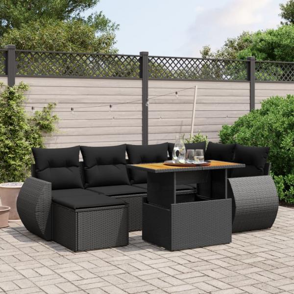 ARDEBO.de - 7-tlg. Garten-Sofagarnitur mit Kissen Schwarz Poly Rattan