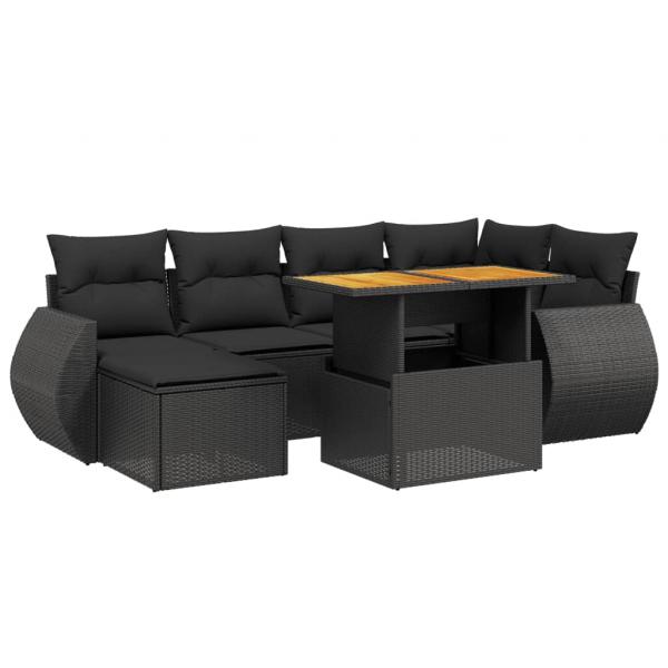 7-tlg. Garten-Sofagarnitur mit Kissen Schwarz Poly Rattan