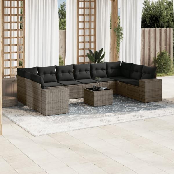 ARDEBO.de - 11-tlg. Garten-Sofagarnitur mit Kissen Grau Poly Rattan