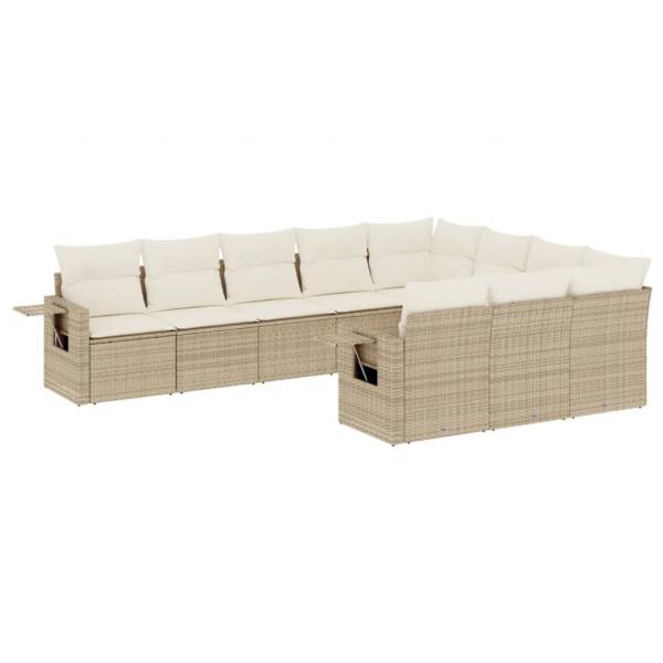 10-tlg. Garten-Sofagarnitur mit Kissen Beige Poly Rattan