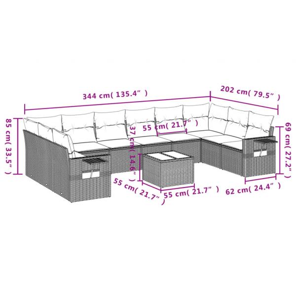 11-tlg. Garten-Sofagarnitur mit Kissen Grau Poly Rattan