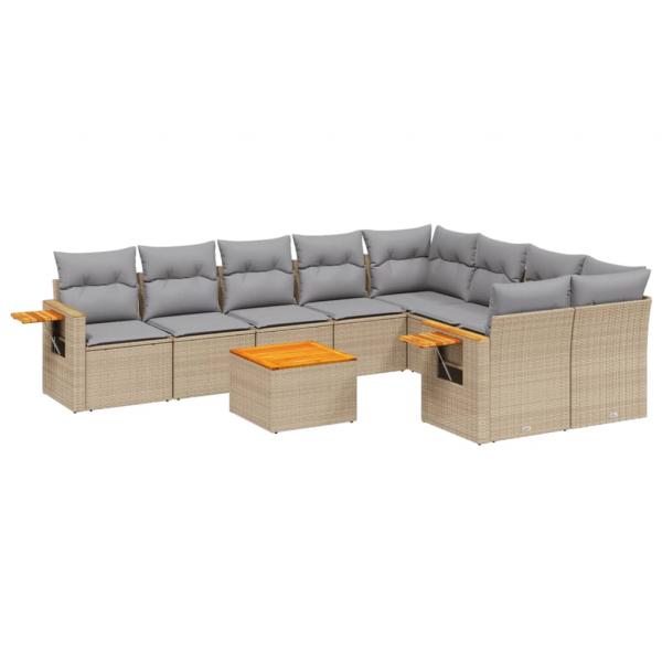 10-tlg. Garten-Sofagarnitur mit Kissen Beige Poly Rattan