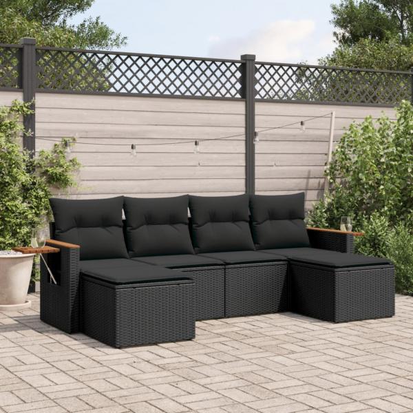 ARDEBO.de - 6-tlg. Garten-Sofagarnitur mit Kissen Schwarz Poly Rattan