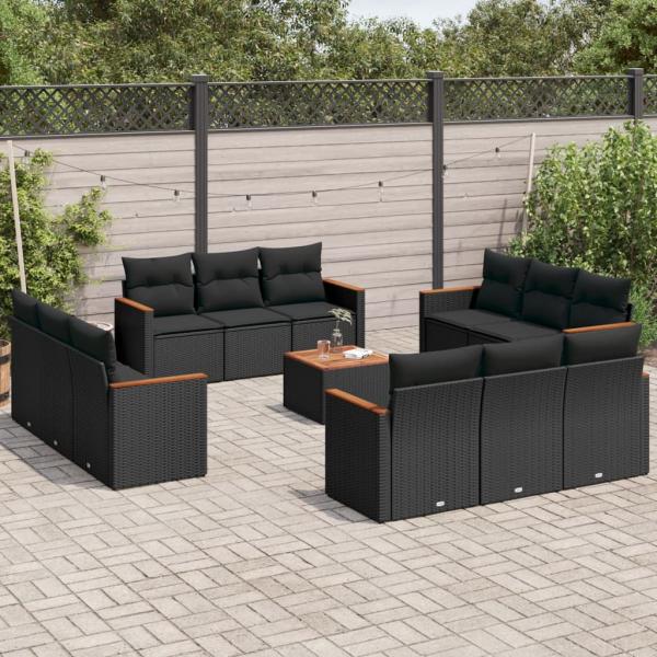 ARDEBO.de - 13-tlg. Garten-Sofagarnitur mit Kissen Schwarz Poly Rattan