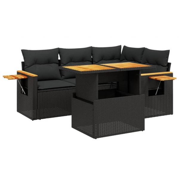 5-tlg. Garten-Sofagarnitur mit Kissen Schwarz Poly Rattan