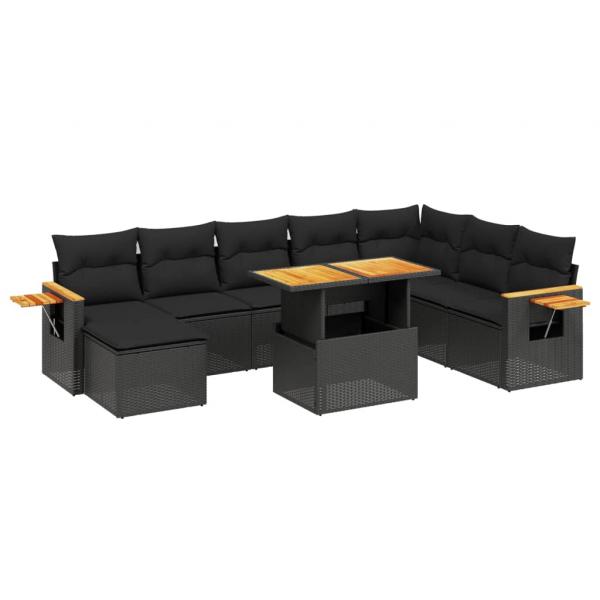 9-tlg. Garten-Sofagarnitur mit Kissen Schwarz Poly Rattan