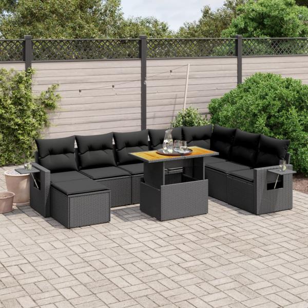 ARDEBO.de - 9-tlg. Garten-Sofagarnitur mit Kissen Schwarz Poly Rattan