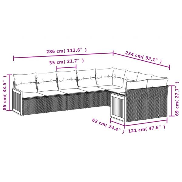 9-tlg. Garten-Sofagarnitur mit Kissen Grau Poly Rattan