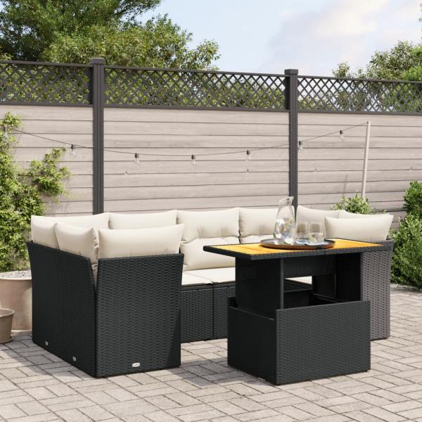 ARDEBO.de - 7-tlg. Garten-Sofagarnitur mit Kissen Schwarz Poly Rattan