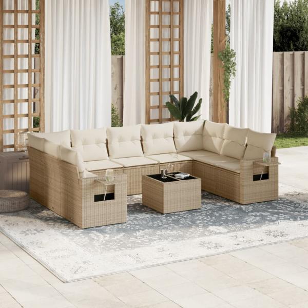 ARDEBO.de - 10-tlg. Garten-Sofagarnitur mit Kissen Beige Poly Rattan