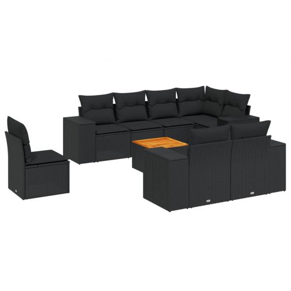 9-tlg. Garten-Sofagarnitur mit Kissen Schwarz Poly Rattan