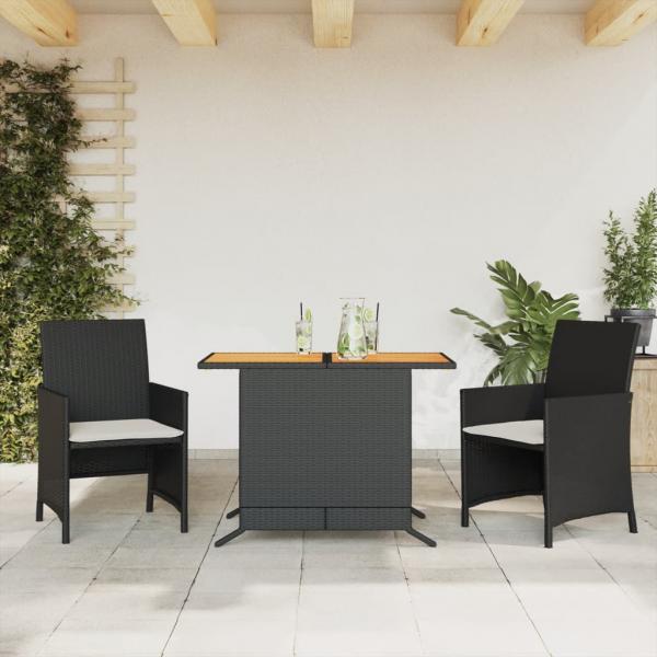 ARDEBO.de - 3-tlg. Bistro-Set mit Kissen Schwarz Poly Rattan