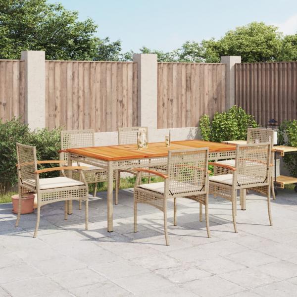 ARDEBO.de - 7-tlg. Garten-Essgruppe mit Kissen Beige Poly Rattan