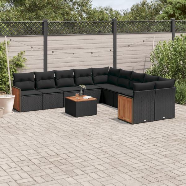 ARDEBO.de - 11-tlg. Garten-Sofagarnitur mit Kissen Schwarz Poly Rattan