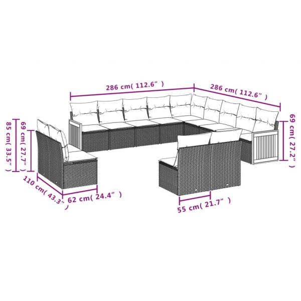 13-tlg. Garten-Sofagarnitur mit Kissen Grau Poly Rattan