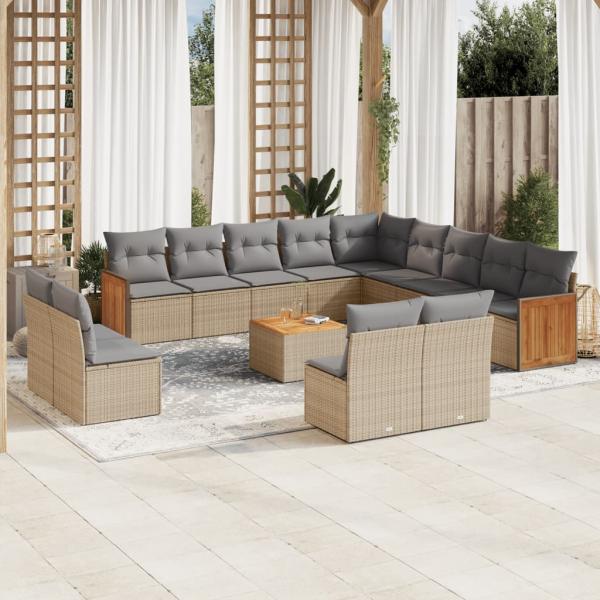 ARDEBO.de - 14-tlg. Garten-Sofagarnitur mit Kissen Beige Poly Rattan