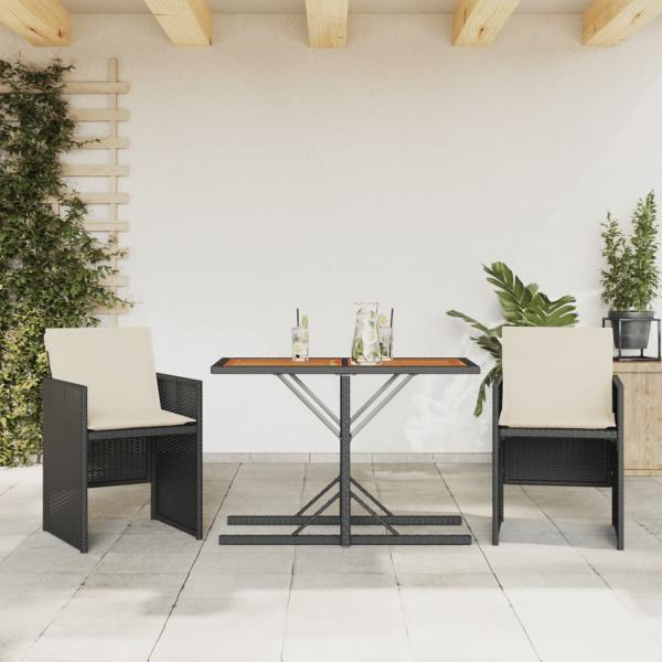 ARDEBO.de - 3-tlg. Bistro-Set mit Kissen Schwarz Poly Rattan