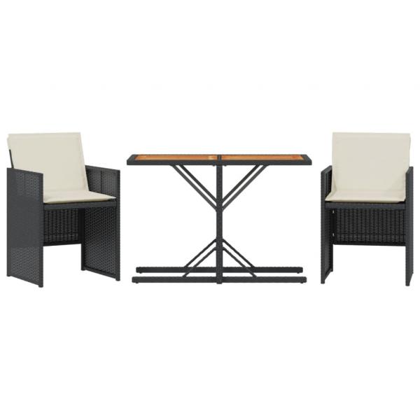 3-tlg. Bistro-Set mit Kissen Schwarz Poly Rattan