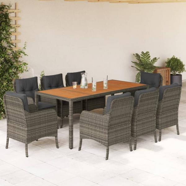 ARDEBO.de - 9-tlg. Garten-Essgruppe mit Kissen Grau Poly Rattan