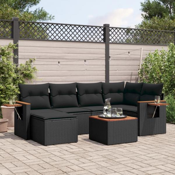 ARDEBO.de - 7-tlg. Garten-Sofagarnitur mit Kissen Schwarz Poly Rattan