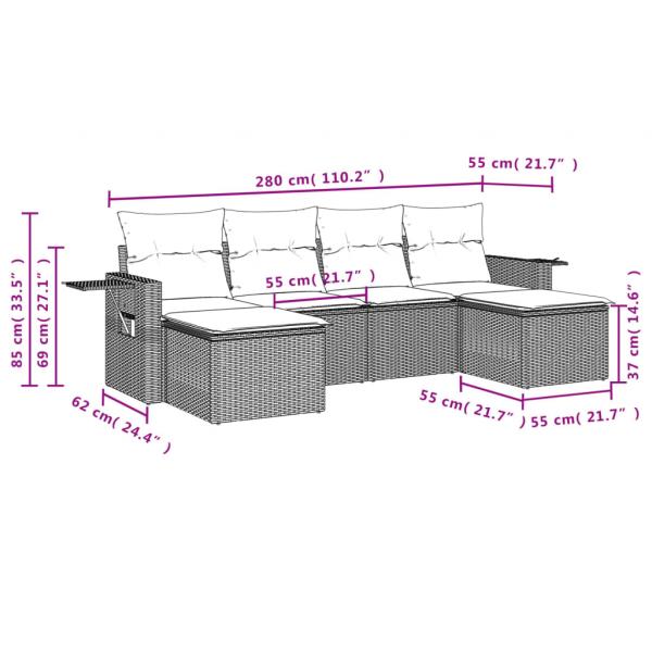 6-tlg. Garten-Sofagarnitur mit Kissen Grau Poly Rattan