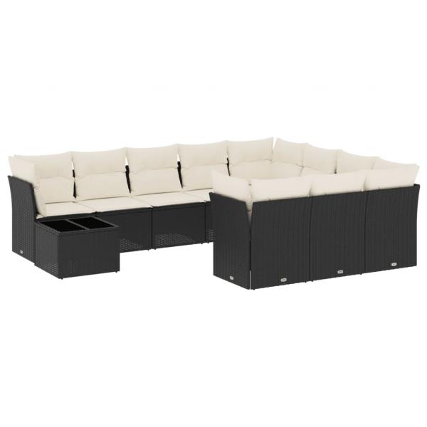 11-tlg. Garten-Sofagarnitur mit Kissen Schwarz Poly Rattan