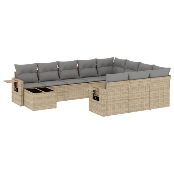 11-tlg. Garten-Sofagarnitur mit Kissen Beige Poly Rattan