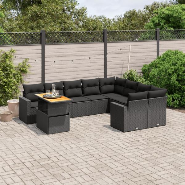 ARDEBO.de - 10-tlg. Garten-Sofagarnitur mit Kissen Schwarz Poly Rattan