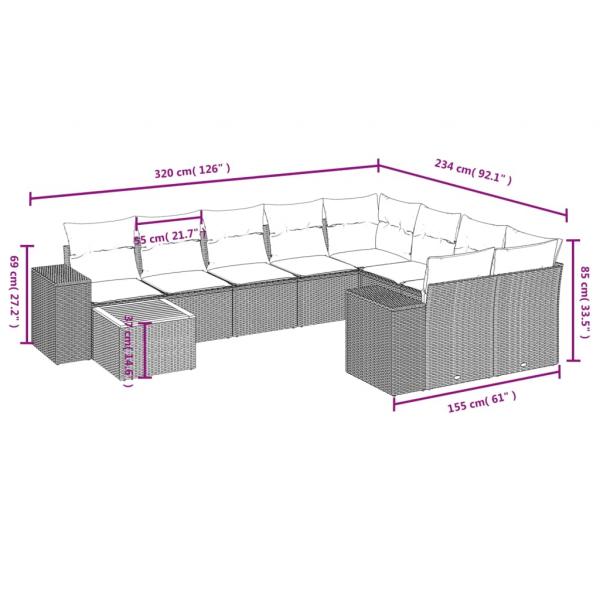 11-tlg. Garten-Sofagarnitur mit Kissen Grau Poly Rattan