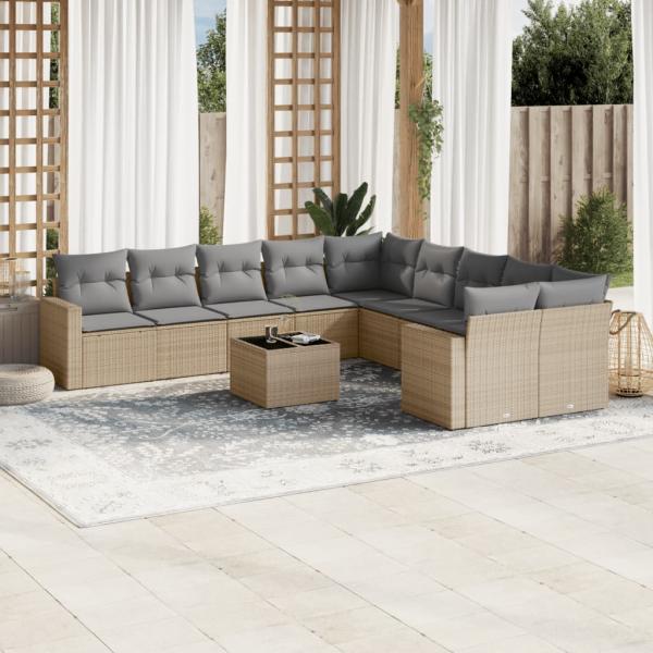 ARDEBO.de - 11-tlg. Garten-Sofagarnitur mit Kissen Beige Poly Rattan