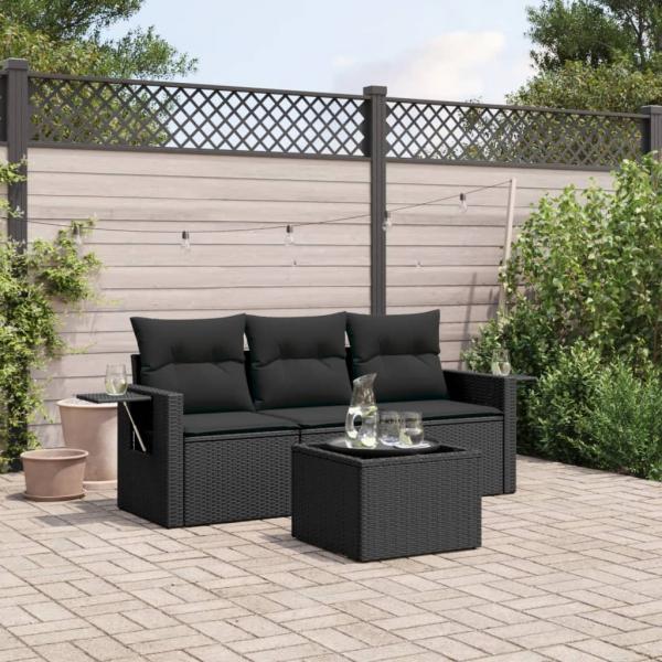 ARDEBO.de - 4-tlg. Garten-Sofagarnitur mit Kissen Schwarz Poly Rattan