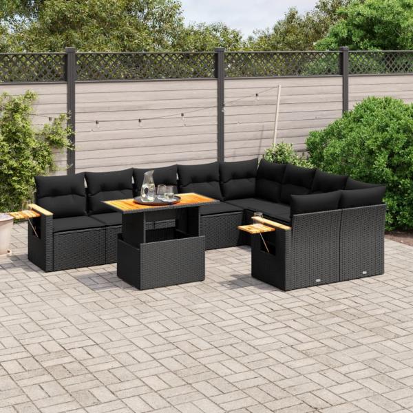 ARDEBO.de - 10-tlg. Garten-Sofagarnitur mit Kissen Schwarz Poly Rattan