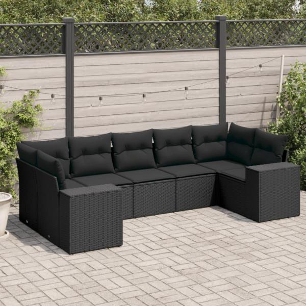 ARDEBO.de - 7-tlg. Garten-Sofagarnitur mit Kissen Schwarz Poly Rattan